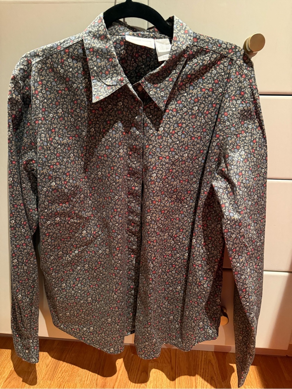 Liz Claiborne Black Button-Down Shirt with Red and White Floral Print